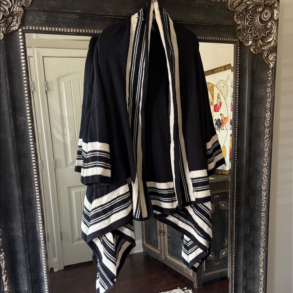 Lauren Ralph Lauren Black and White Striped Knit Poncho
